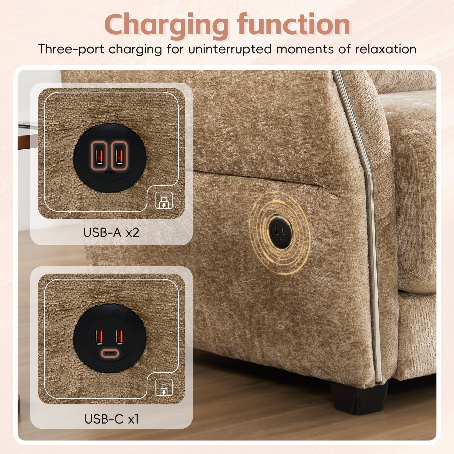 Canapé sectionnel en chenille de 110 pouces en forme de L avec chargement USB et Type-C, accoudoirs en pétales et pouf amovible pour le salon