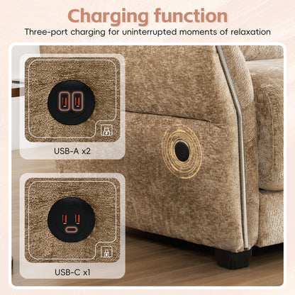 Canapé sectionnel en chenille de 110 pouces en forme de L avec chargement USB et Type-C, accoudoirs en pétales et pouf amovible pour le salon