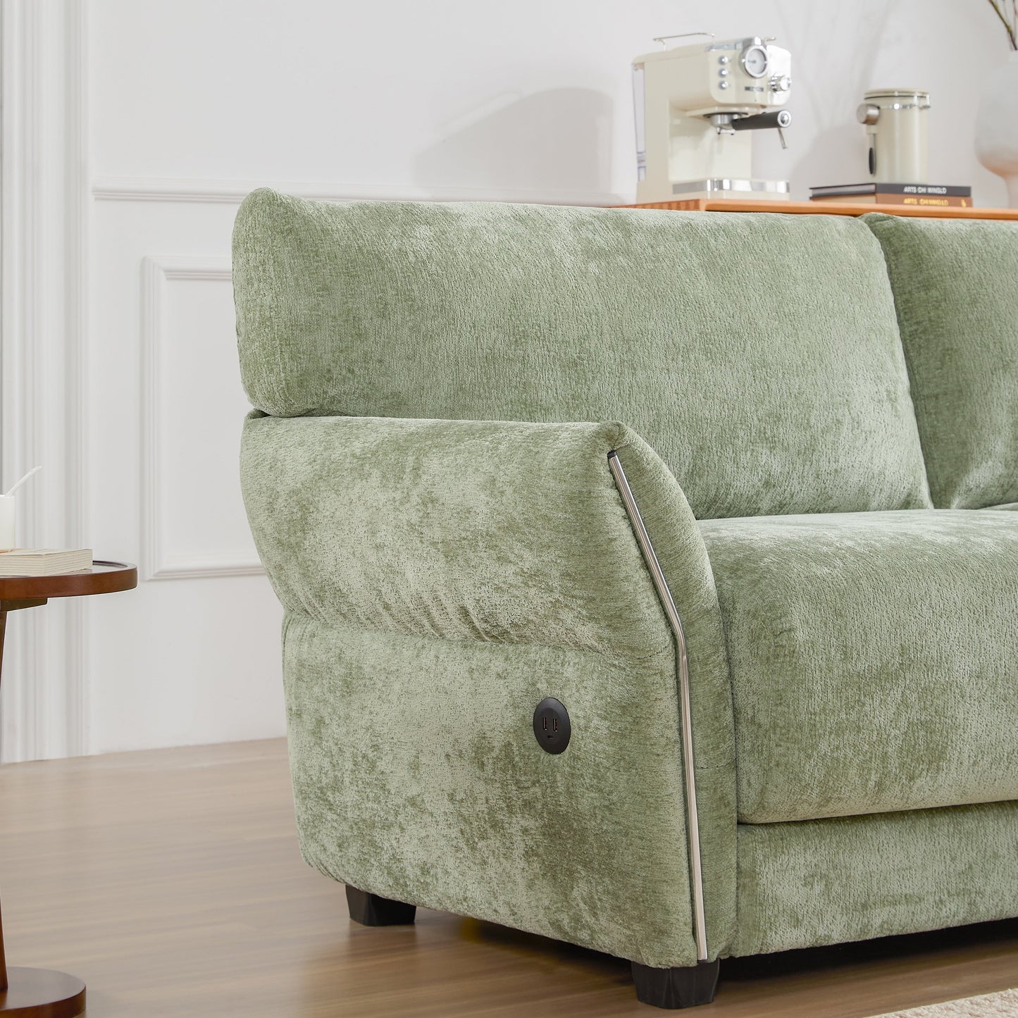 Canapé sectionnel en chenille de 110 pouces en forme de L avec chargement USB et Type-C, accoudoirs en pétales et pouf amovible pour le salon