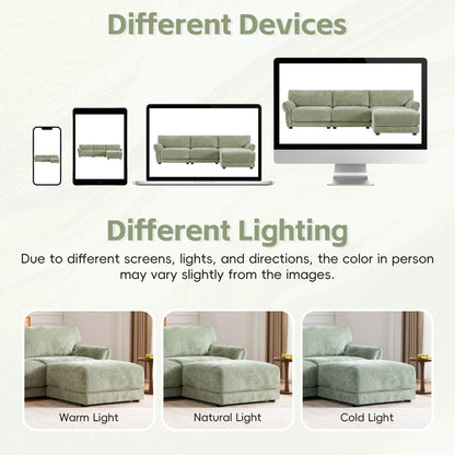 Canapé sectionnel en chenille de 110 pouces en forme de L avec chargement USB et Type-C, accoudoirs en pétales et pouf amovible pour le salon