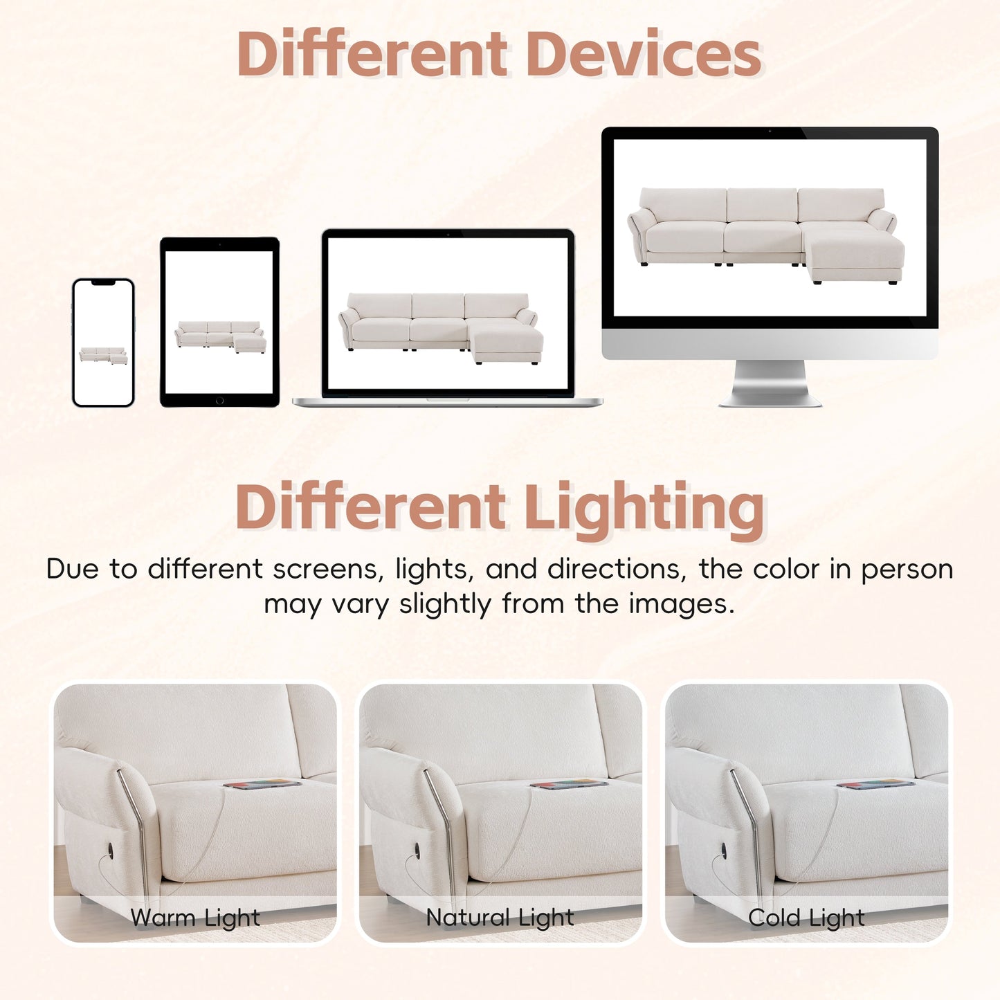 Canapé sectionnel en chenille de 110 pouces en forme de L avec chargement USB et Type-C, accoudoirs en pétales et pouf amovible pour le salon