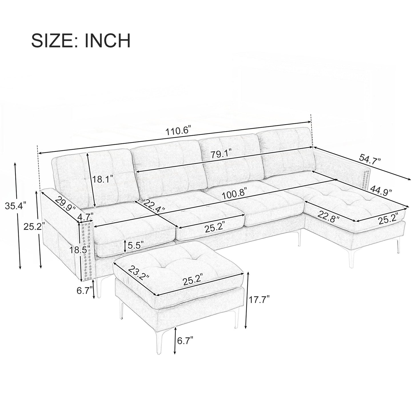 Canapé sectionnel convertible en L de 110 pouces