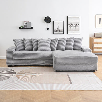 Canapé en velours côtelé en forme de L avec 8 coussins et repose-pieds