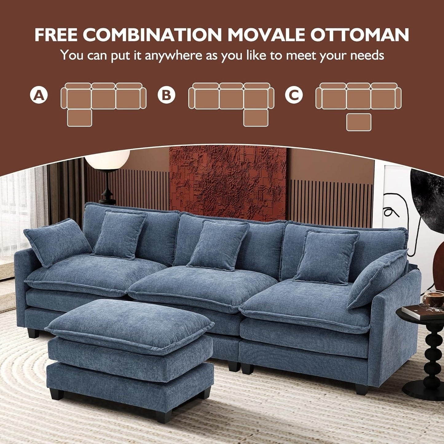 Canapé sectionnel Cloud en L 111.4 avec pouf - Canapé 4 places en chenille pour salon