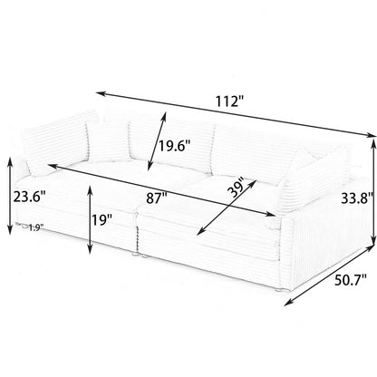 Canapé en velours côtelé noir de 112 pouces : deux coussins décoratifs, quatre dossiers, ouvrant un nouveau style pour l'espace décontracté du salon