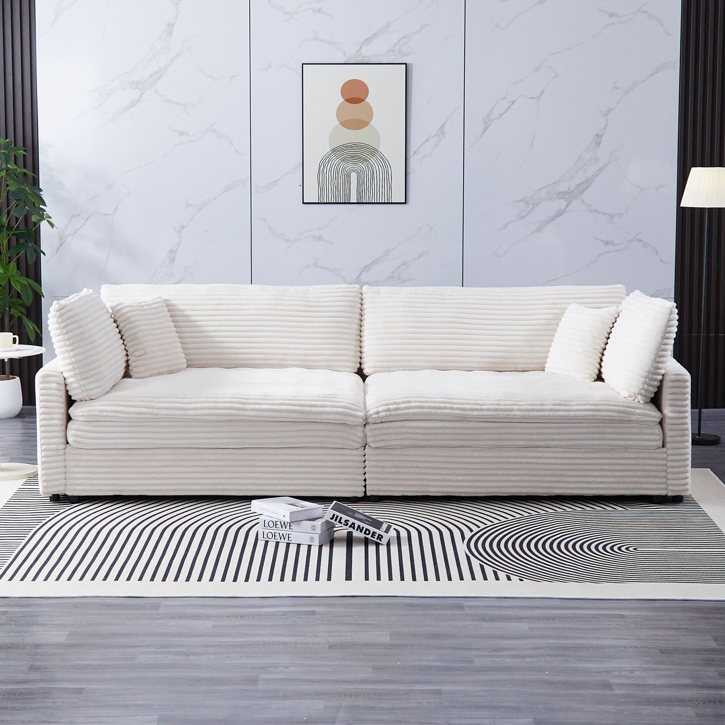 Canapé en velours côtelé noir de 112 pouces : deux coussins décoratifs, quatre dossiers, ouvrant un nouveau style pour l'espace décontracté du salon