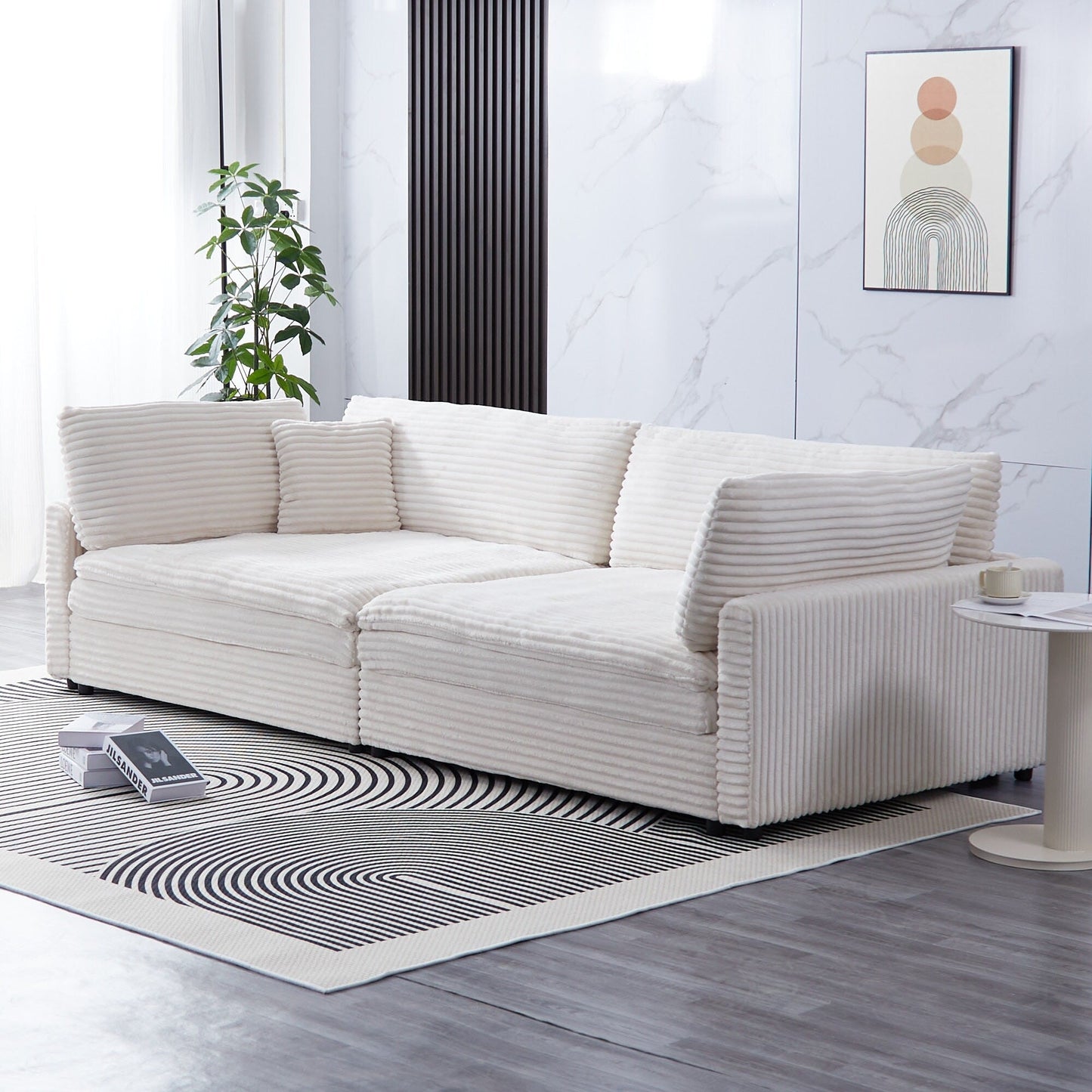 Canapé en velours côtelé noir de 112 pouces : deux coussins décoratifs, quatre dossiers, ouvrant un nouveau style pour l'espace décontracté du salon