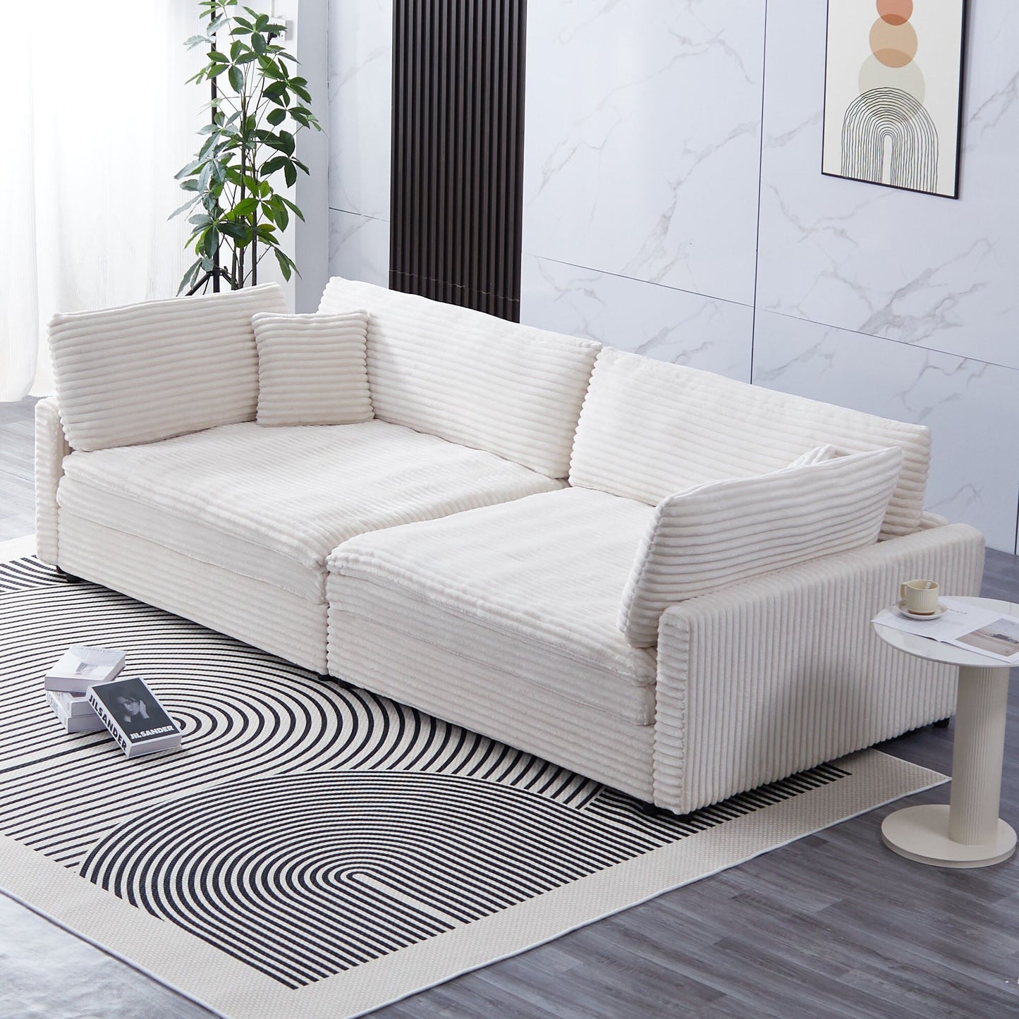 Canapé en velours côtelé noir de 112 pouces : deux coussins décoratifs, quatre dossiers, ouvrant un nouveau style pour l'espace décontracté du salon