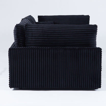 Canapé en velours côtelé noir de 112 pouces : deux coussins décoratifs, quatre dossiers, ouvrant un nouveau style pour l'espace décontracté du salon