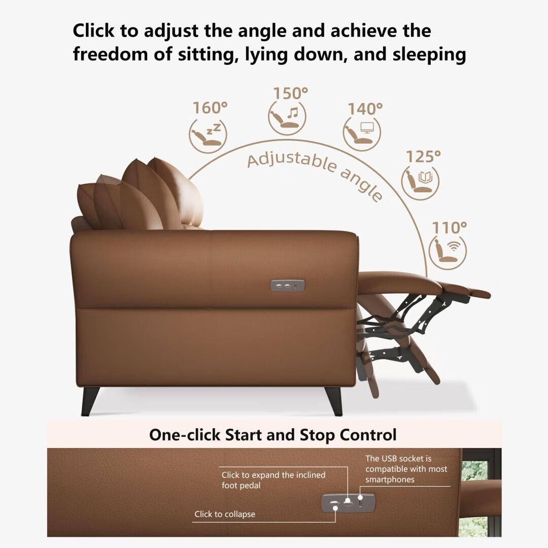 Canapé inclinable électrique en cuir végétalien de 112,5 pouces avec port de chargement USB