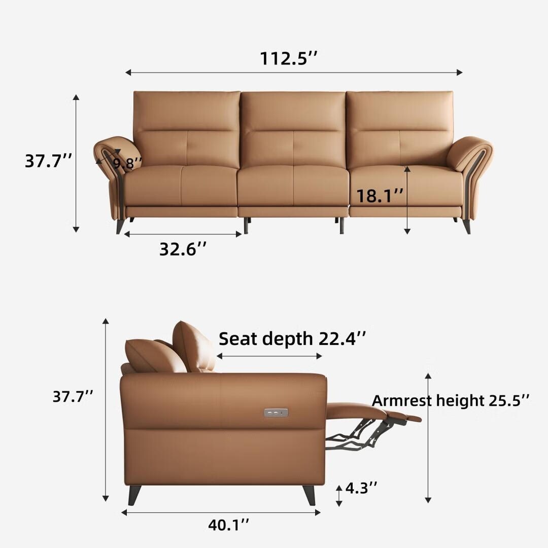 Canapé inclinable électrique en cuir végétalien de 112,5 pouces avec port de chargement USB
