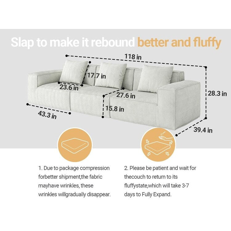 Canapé-lit convertible modulaire 3 places de 118 pouces en velours côtelé blanc