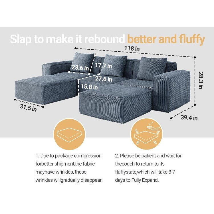 Canapé-lit modulaire de 118 pouces convertible en 3 places avec repose-pieds en velours côtelé gris