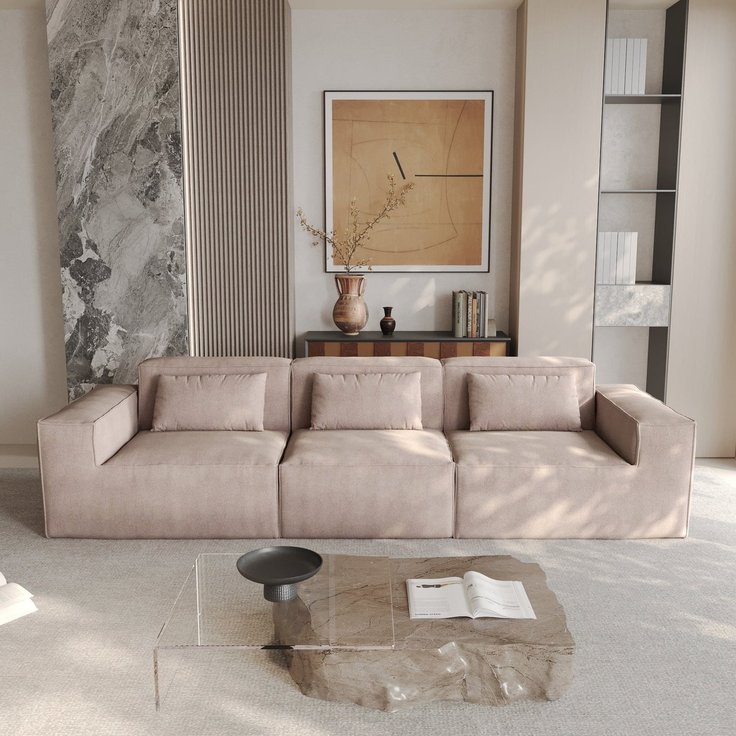 Canapé modulable 3 places en velours côtelé avec housse amovible et 3 coussins