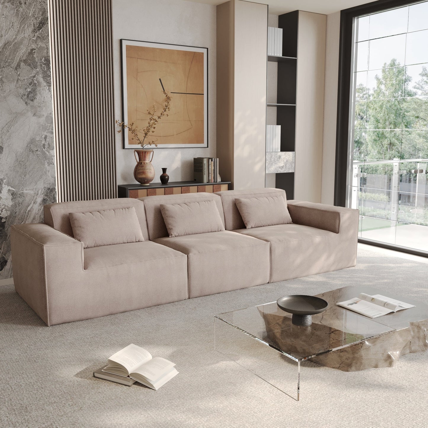 Canapé modulable 3 places en velours côtelé avec housse amovible et 3 coussins