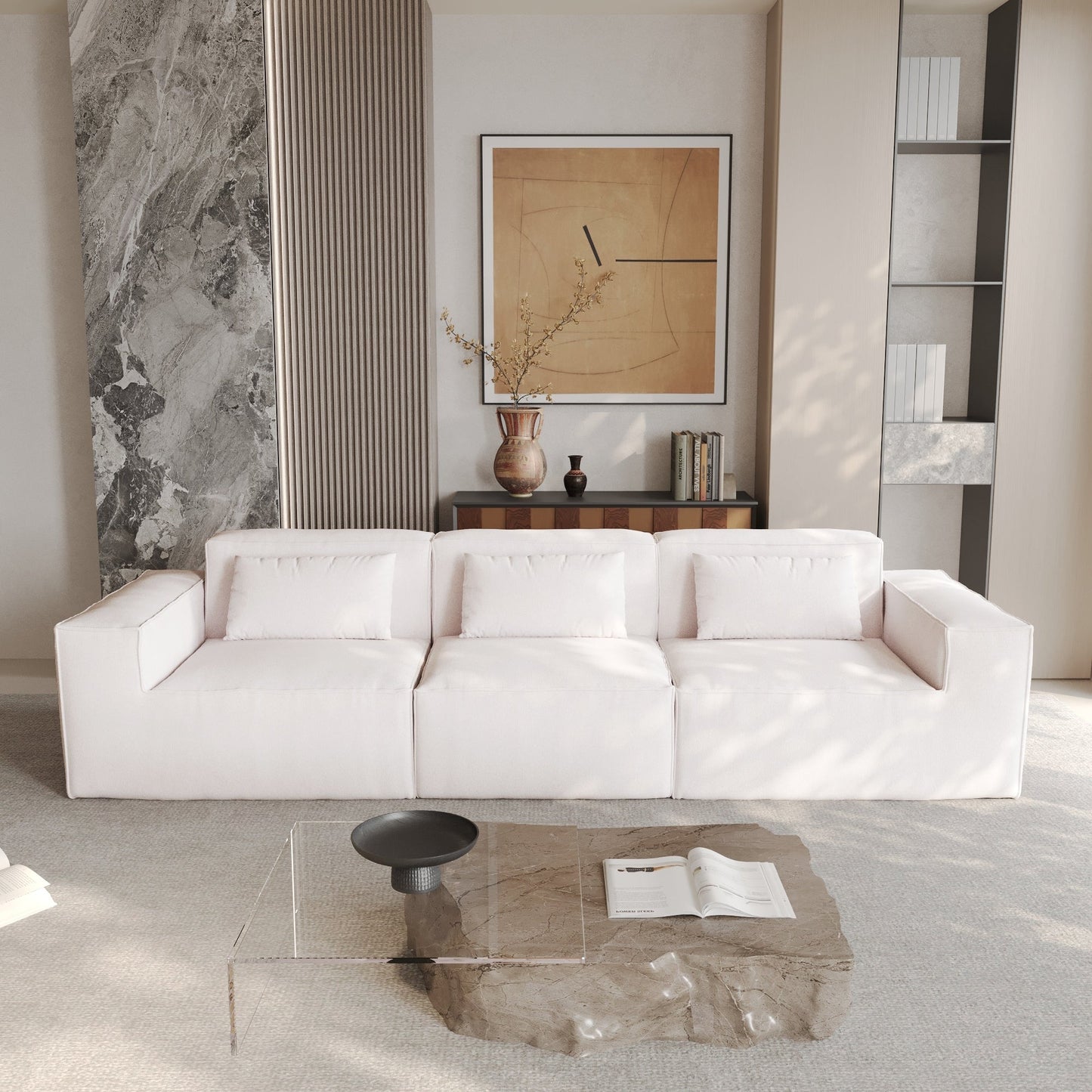 Canapé modulable 3 places en velours côtelé avec housse amovible et 3 coussins