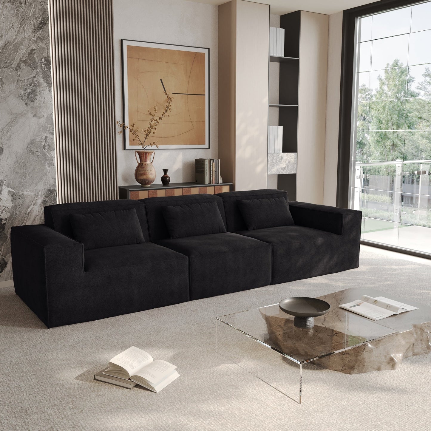 Canapé modulable 3 places en velours côtelé avec housse amovible et 3 coussins