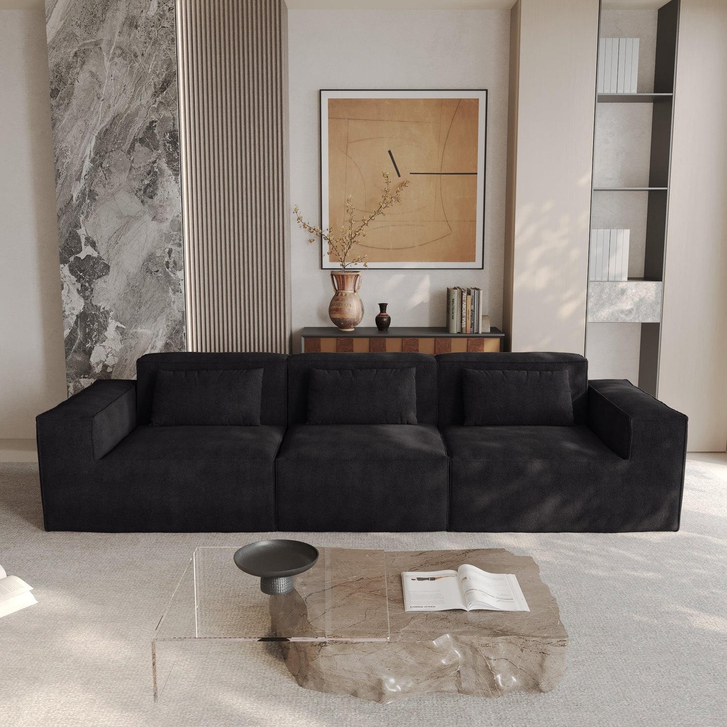 Canapé modulable 3 places en velours côtelé avec housse amovible et 3 coussins