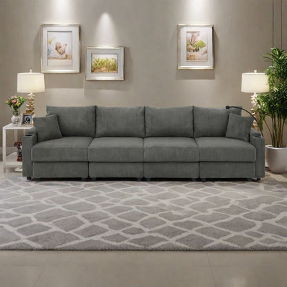 Canapé 5 places en velours côtelé 132 avec porte-gobelets et support pour téléphone, coussins haute densité