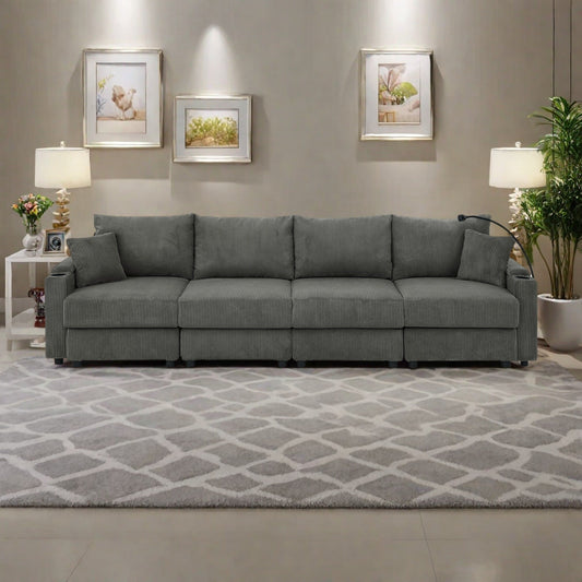 Canapé 5 places en velours côtelé 132 avec porte-gobelets et support pour téléphone, coussins haute densité