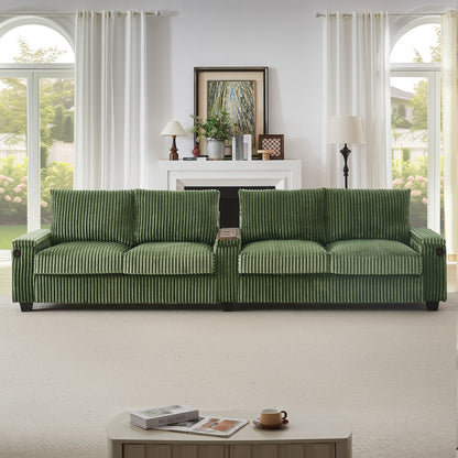 Canapé 4 places en velours côtelé 133 - Canapé de rangement moderne avec ports USB et porte-gobelets rabattables