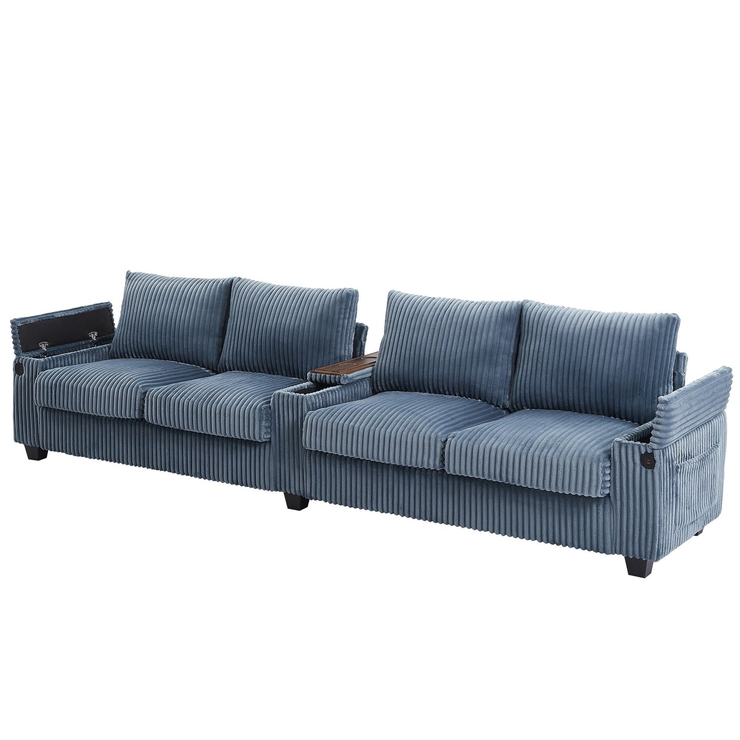 Canapé 4 places en velours côtelé 133 avec ports USB, porte-gobelets rabattables et rangement dissimulé