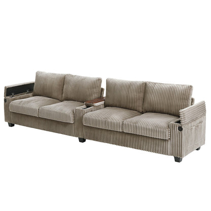 Canapé 4 places en velours côtelé 133 avec ports USB, porte-gobelets rabattables et rangement dissimulé