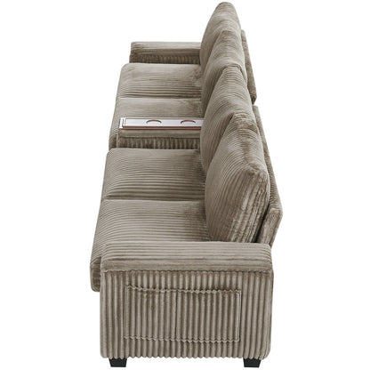 Canapé 4 places en velours côtelé 133 avec ports USB, porte-gobelets rabattables et rangement dissimulé