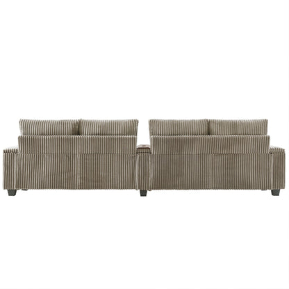 Canapé 4 places en velours côtelé 133 avec ports USB, porte-gobelets rabattables et rangement dissimulé