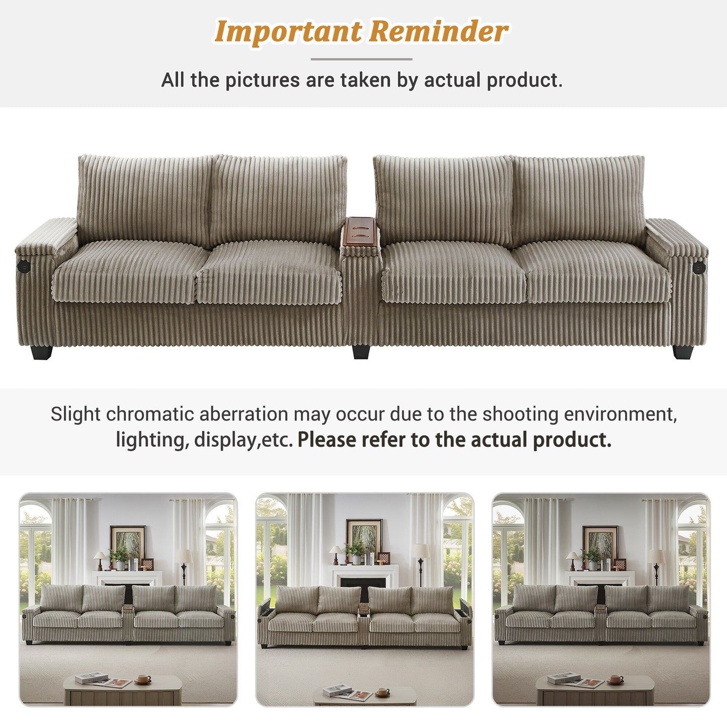 Canapé 4 places en velours côtelé 133 avec ports USB, porte-gobelets rabattables et rangement dissimulé