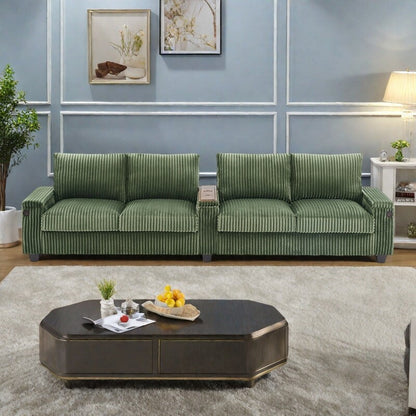 Canapé 4 places en velours côtelé 133 avec ports USB, porte-gobelets rabattables et rangement dissimulé