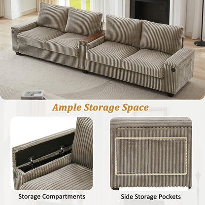 Canapé-lit 4 places moderne en velours côtelé avec ports USB et porte-gobelets rabattables