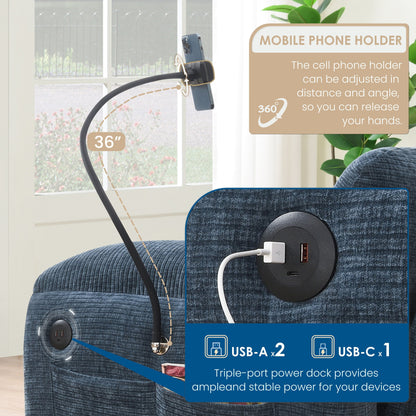 Canapé sectionnel en chenille de 140 pouces avec ports de chargement USB et Type-C, supports de téléphone, poches de rangement latérales et poufs mobiles