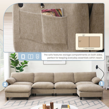 Canapé sectionnel en chenille de 140 pouces avec ports de chargement USB et Type-C, supports de téléphone, poches de rangement latérales et poufs mobiles