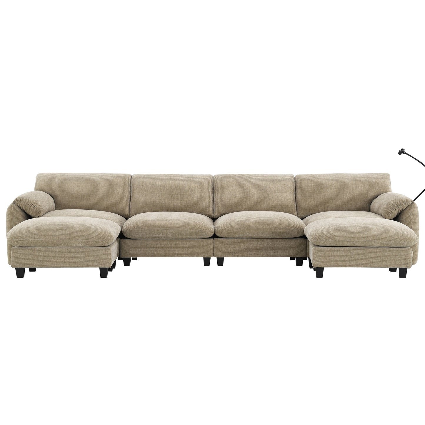 Canapé sectionnel en chenille de 140 pouces avec ports de chargement USB et Type-C, supports de téléphone, poches de rangement latérales et poufs mobiles