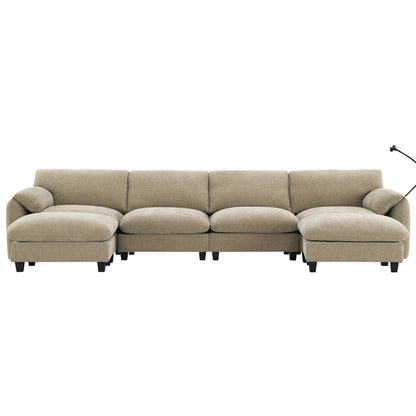 Canapé sectionnel en chenille de 140 pouces avec ports de chargement USB et Type-C, supports de téléphone, poches de rangement latérales et poufs mobiles