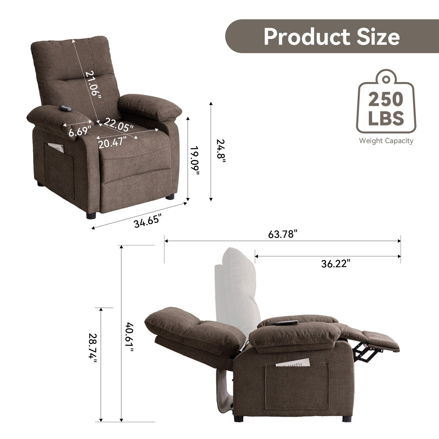 Fauteuil inclinable électrique à 160° pour personnes âgées, avec massage et chauffage à 8 points, tissu chenille doux