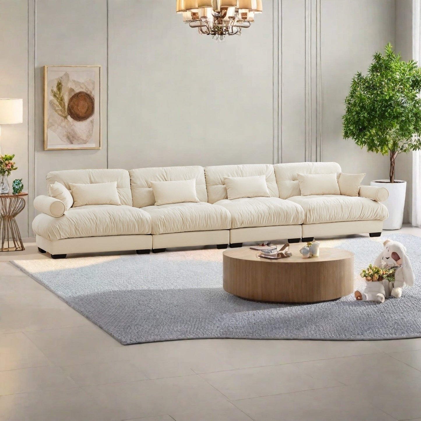 Canapé 4 places en velours 166 avec accoudoirs traversins et coussins en éponge haute résilience