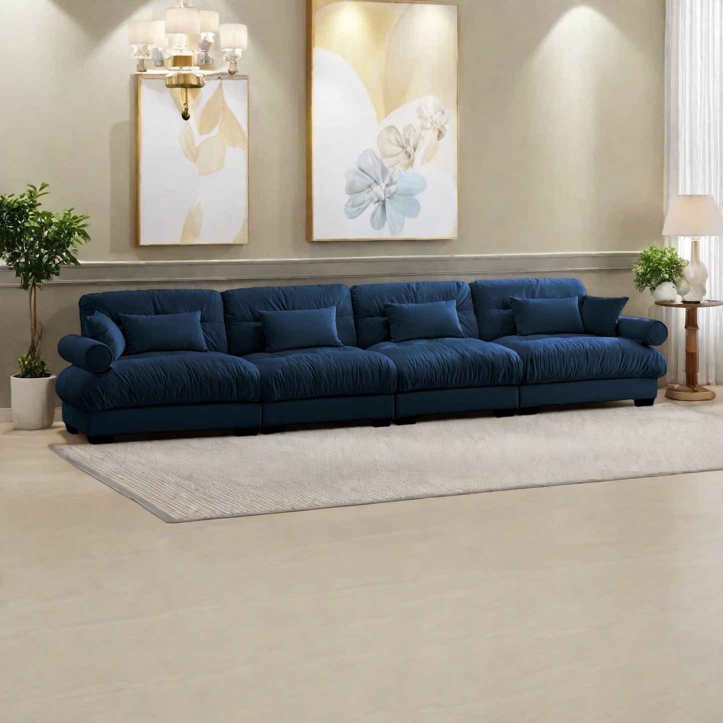 Canapé 4 places en velours 166 avec accoudoirs traversins et coussins en éponge haute résilience