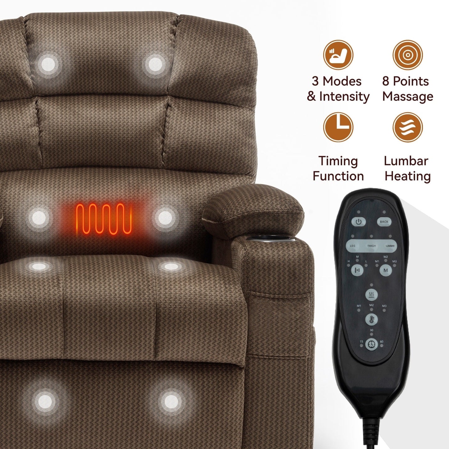 Fauteuil inclinable électrique à 180° avec massage et chauffage, deux porte-gobelets