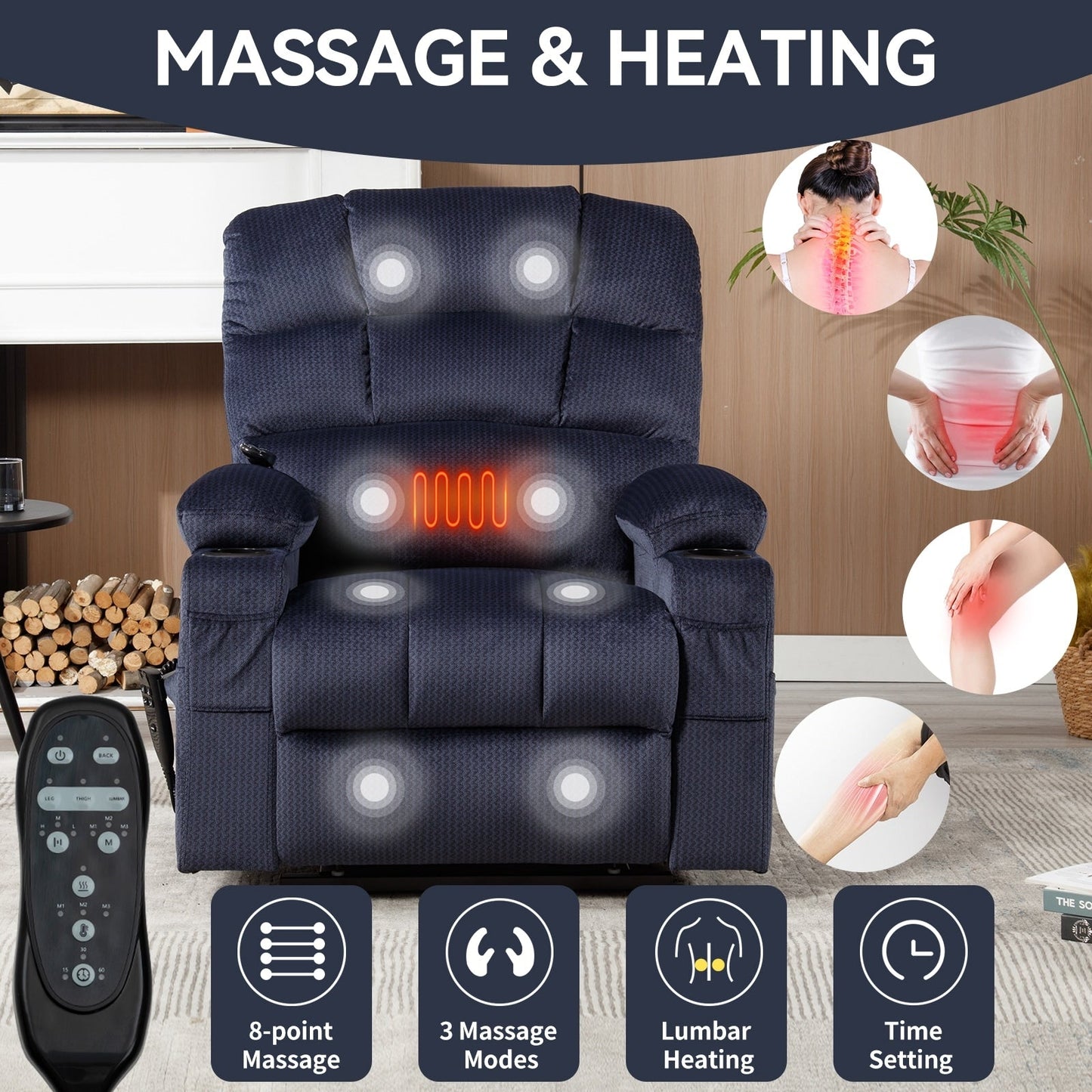 Fauteuil inclinable électrique à 180° avec massage et chauffage, deux porte-gobelets