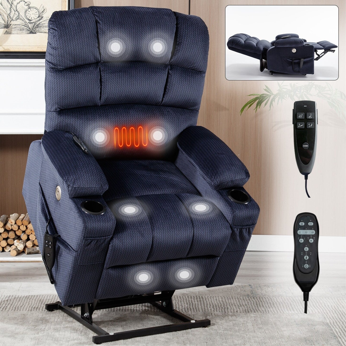 Fauteuil inclinable électrique à 180° avec massage et chauffage, deux porte-gobelets