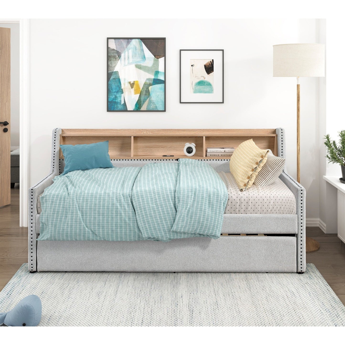 1 lit de repos gris clair avec lit gigogne coulissant, bibliothèque, panneau latéral, ports de charge, garniture cloutée, meubles de design moderne