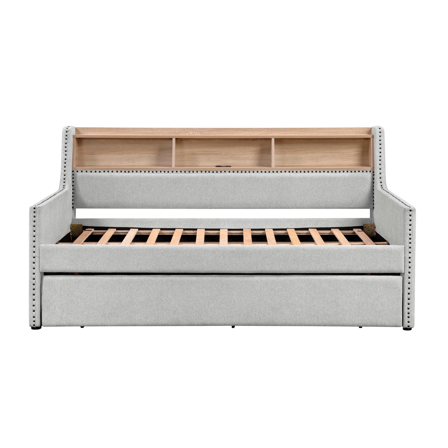 1 lit de repos gris clair avec lit gigogne coulissant, bibliothèque, panneau latéral, ports de charge, garniture cloutée, meubles de design moderne