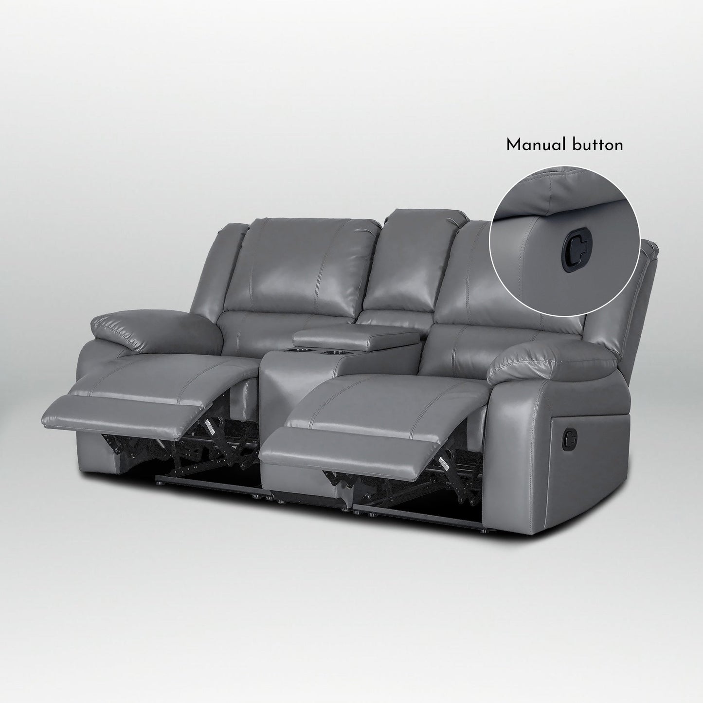 Ensemble de canapés de salon inclinables manuels classiques en similicuir, 2 pièces, avec console et porte-gobelets