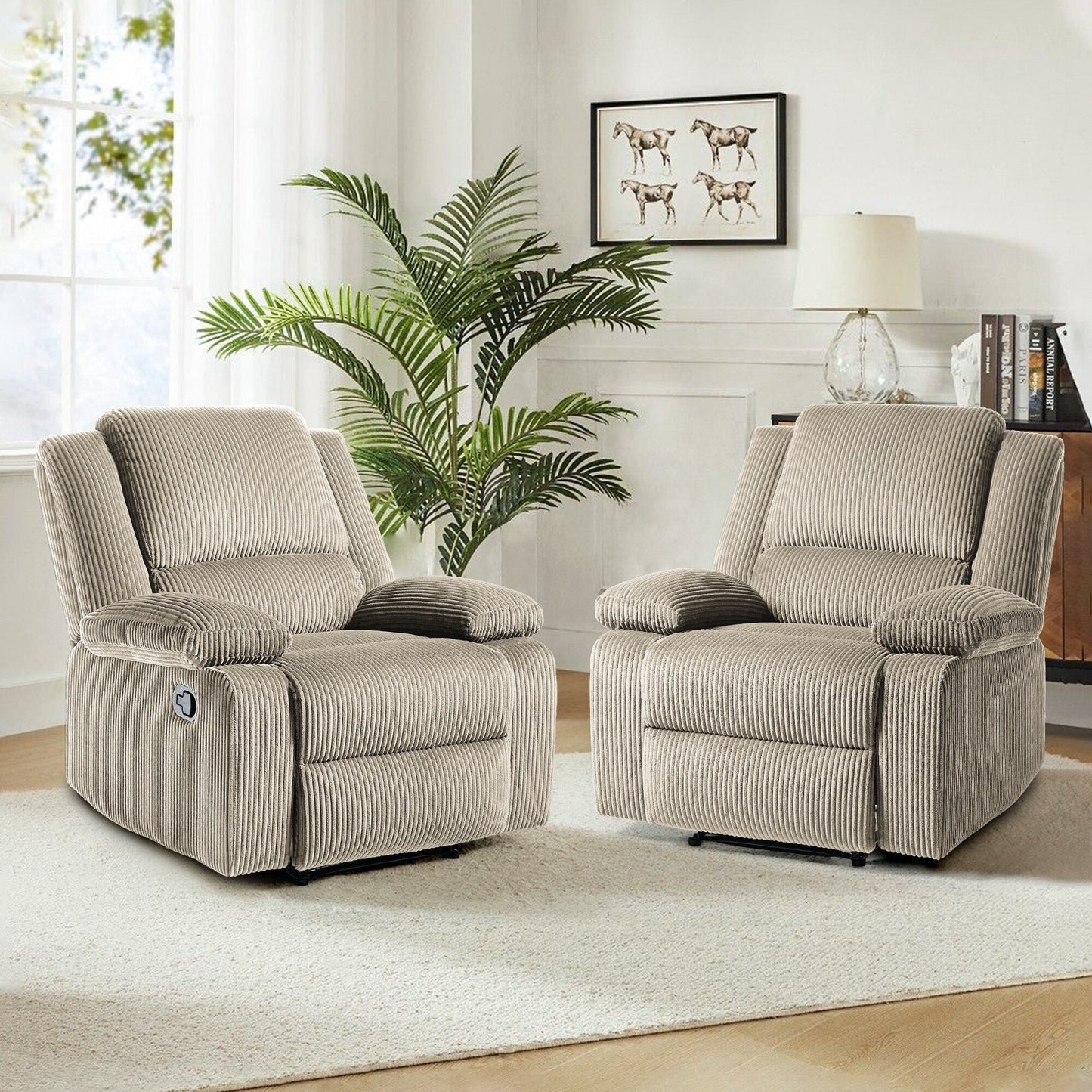 Ensemble de 2 fauteuils inclinables manuels en velours côtelé avec repose-pieds