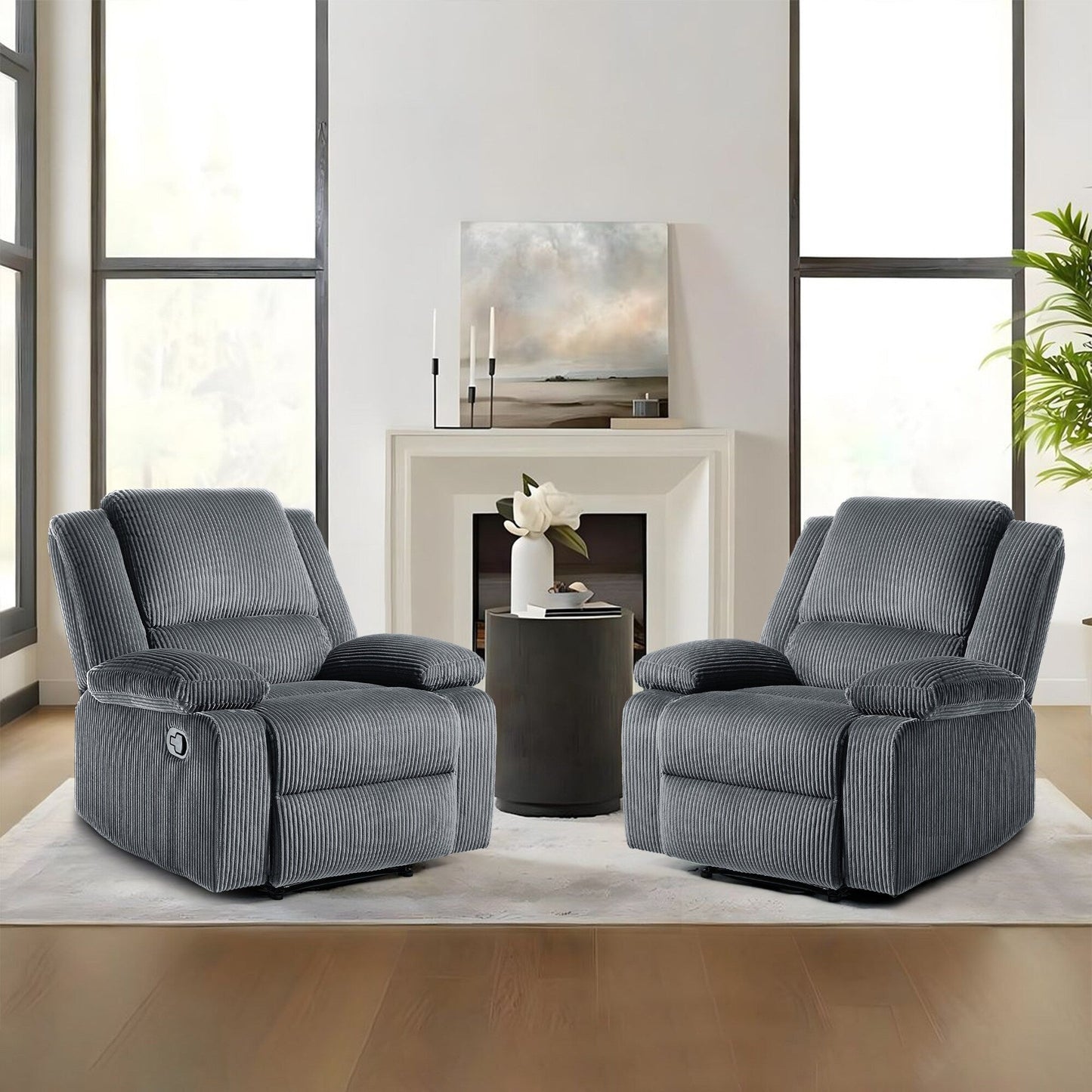 Ensemble de 2 fauteuils inclinables manuels en velours côtelé avec repose-pieds