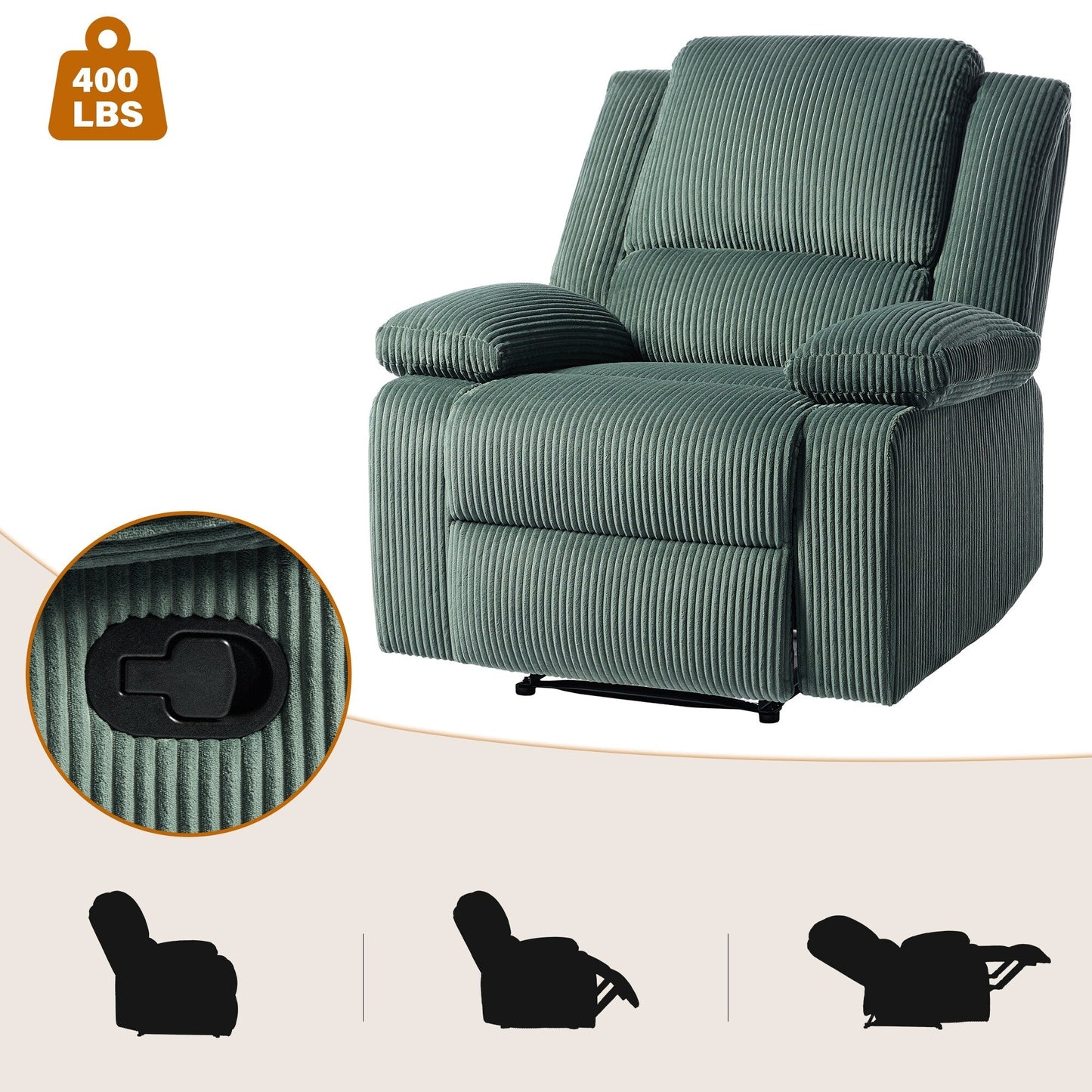 Ensemble de 2 fauteuils inclinables manuels en velours côtelé avec repose-pieds