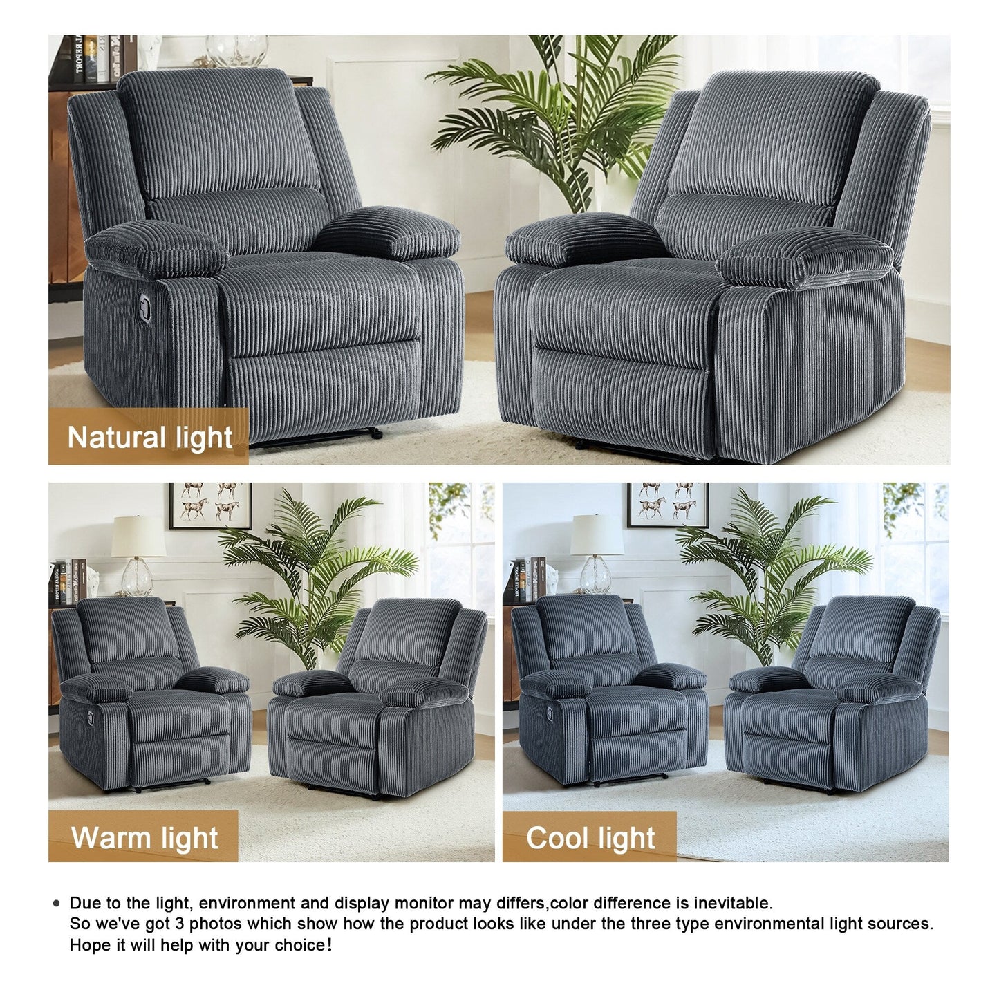 Ensemble de 2 fauteuils inclinables manuels en velours côtelé avec repose-pieds