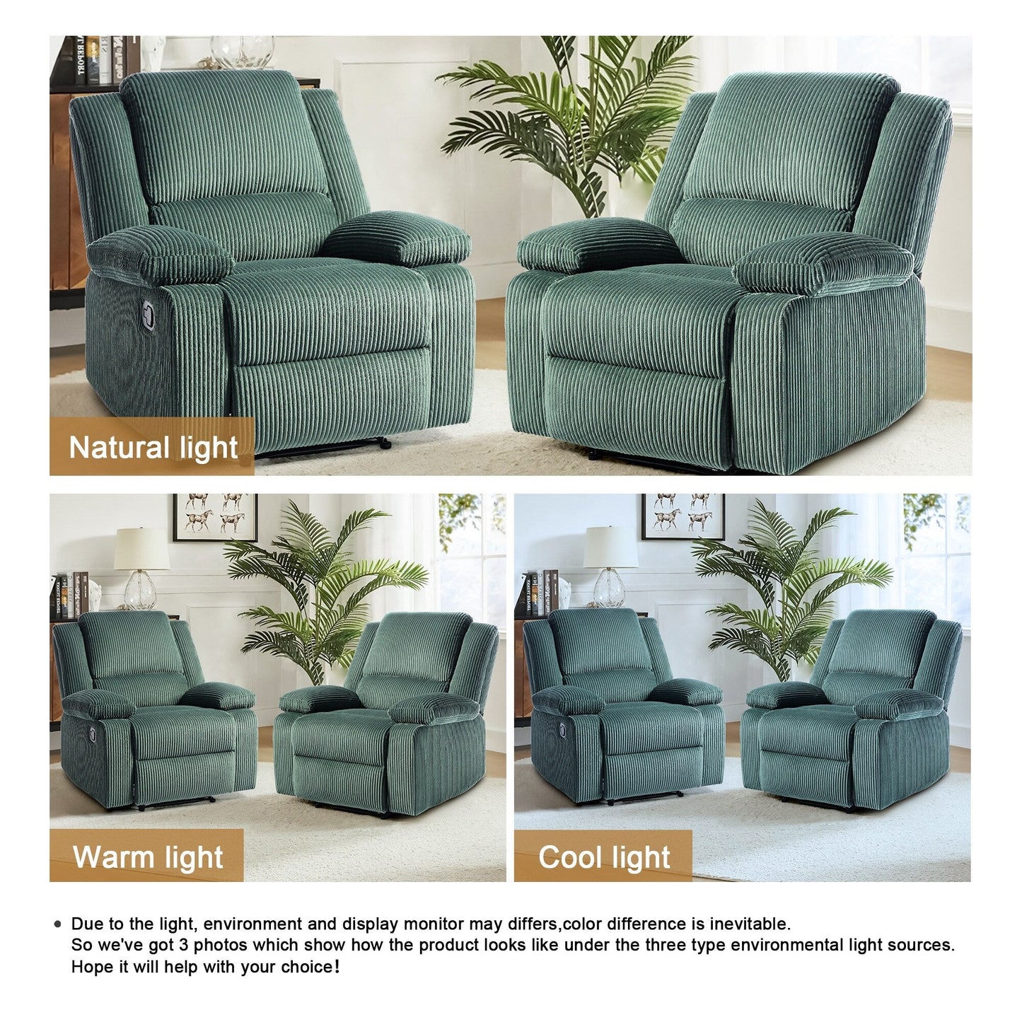 Ensemble de 2 fauteuils inclinables manuels en velours côtelé avec repose-pieds